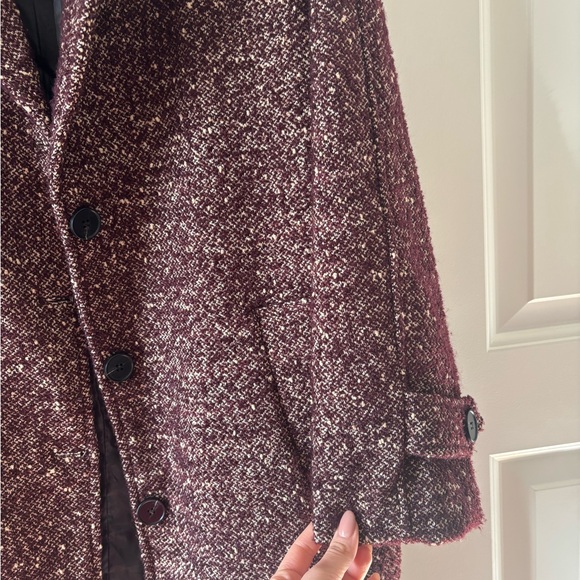 Women's Burgundy Tweed Coat - Classic Long Jacket - Picture 4 of 10